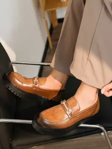 Men's Round Toe Thick Sole Elevator Loafers, Casual Fashion Buckle Decor Slip On Shoes, Daily Versatile Formal Wear, 1 Pair, Footwear
