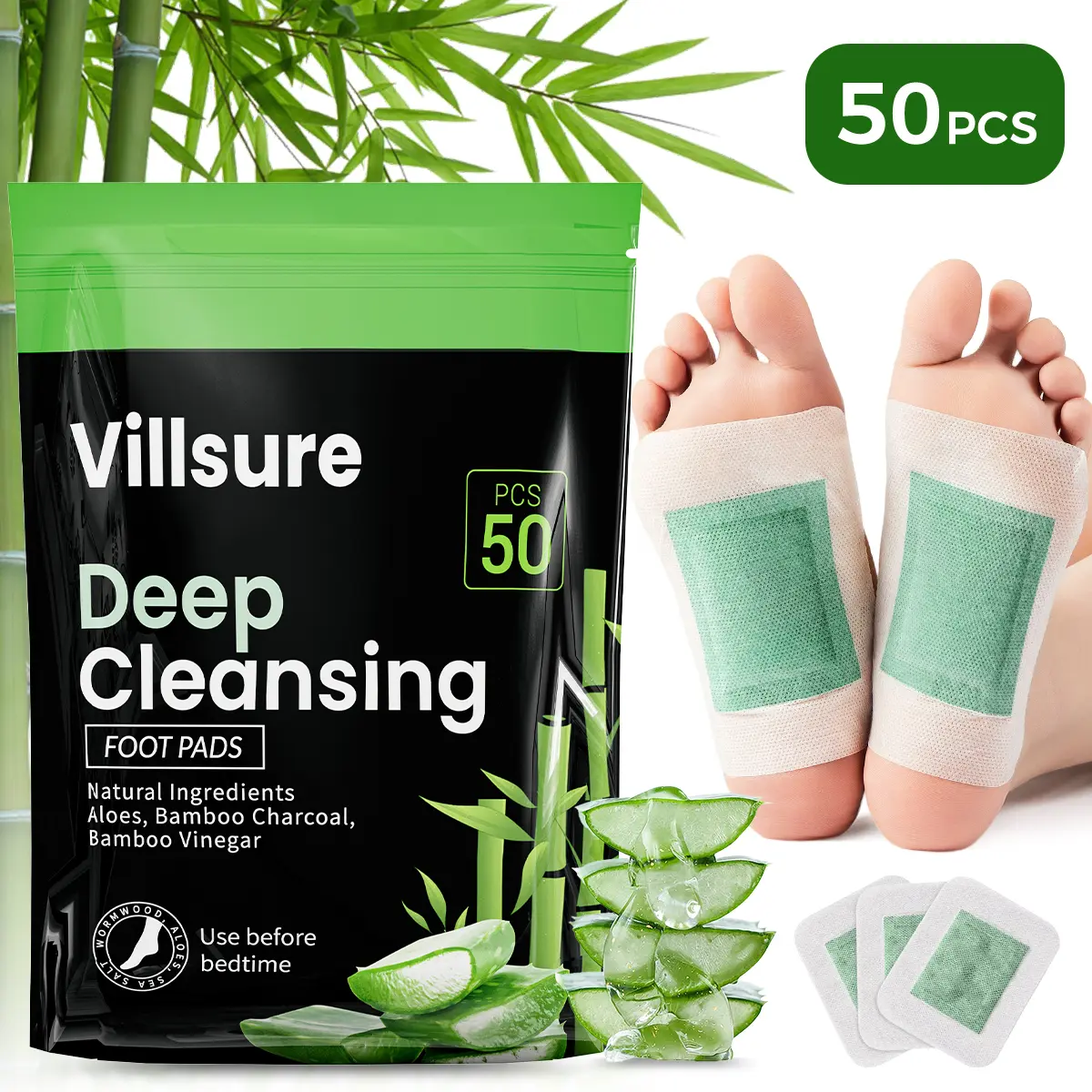 Villsure Foot Detox Patches - 50 Adhesive Pads | Full Body Cleansing & Toxin Removal | Boost Energy, Relieve Exhaustion & Stress | Natural Ingredients like Bamboo, Herbal Extracts | Promote Better Sleep & Overall Wellness, Rejuvenate Your Feet