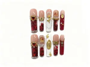 Solo Nails 1.7 inch Handmade Press On Nails Reusable Acrylic 3D Gel Fake Nails Shining Rhinestone Sparkly Rhinestones Summer 2025 Trendy Nail Kit diy nail art supply Luxurious Acrylic Long Rhinestone Nails