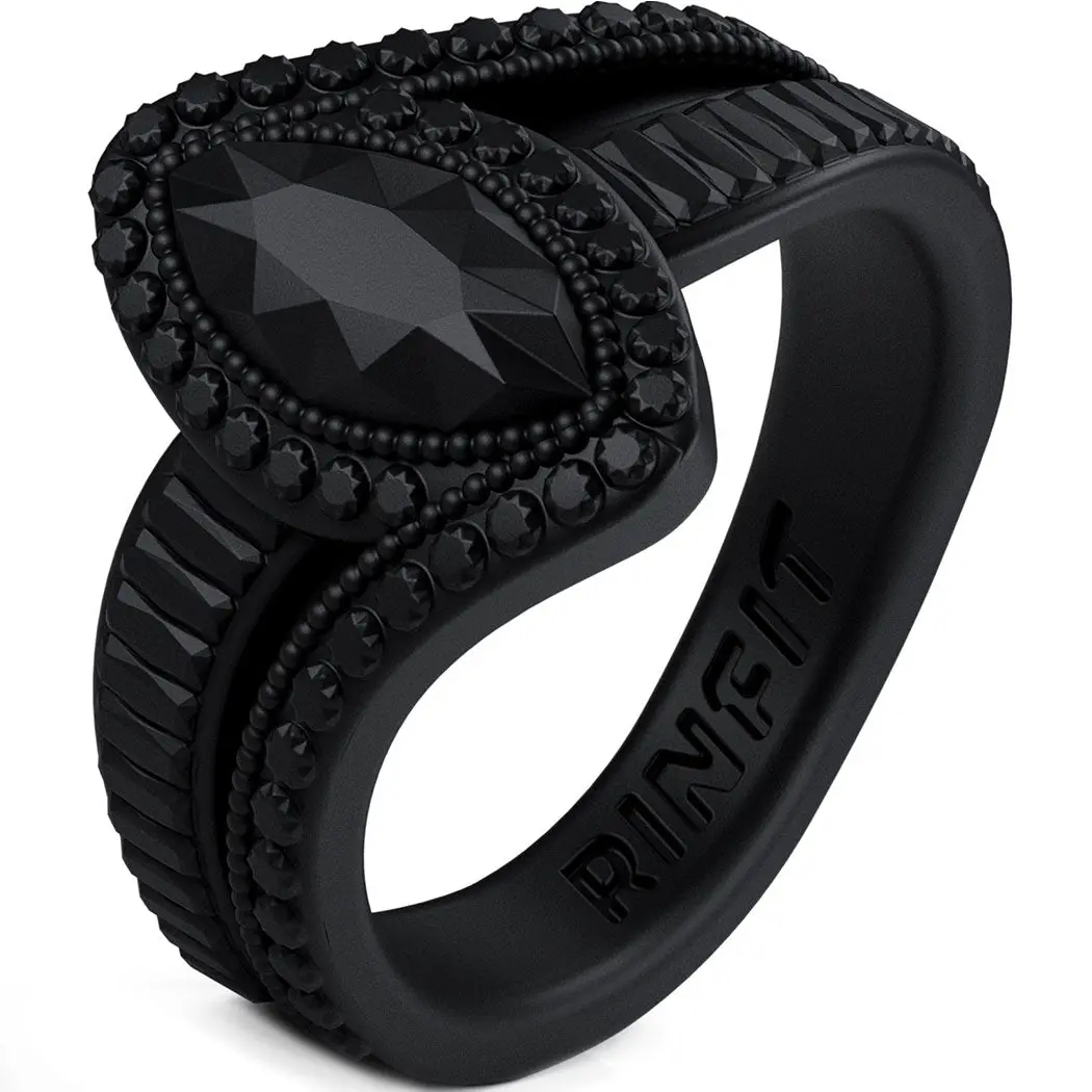 RINFIT Marquise Cut Silicone Rings for Women, Elegant Wedding Band with Matte Finish, Comfortable for Active Lifestyles, Marquise Cut Rings, Black Matte Rings