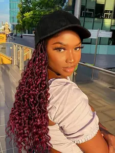 20 Inch Long Ombre Burgundy Braids Wig with Baseball Cap Boho Locs Braiding Hair Extensions Attached Braided Wig for Black White Women Girls Synthetic Material Wigs