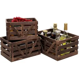 Set of 3 Nested Wooden Storage Crates (L, M, S), Farmhouse Decorative Boxes with Handles for Home Organization & Display