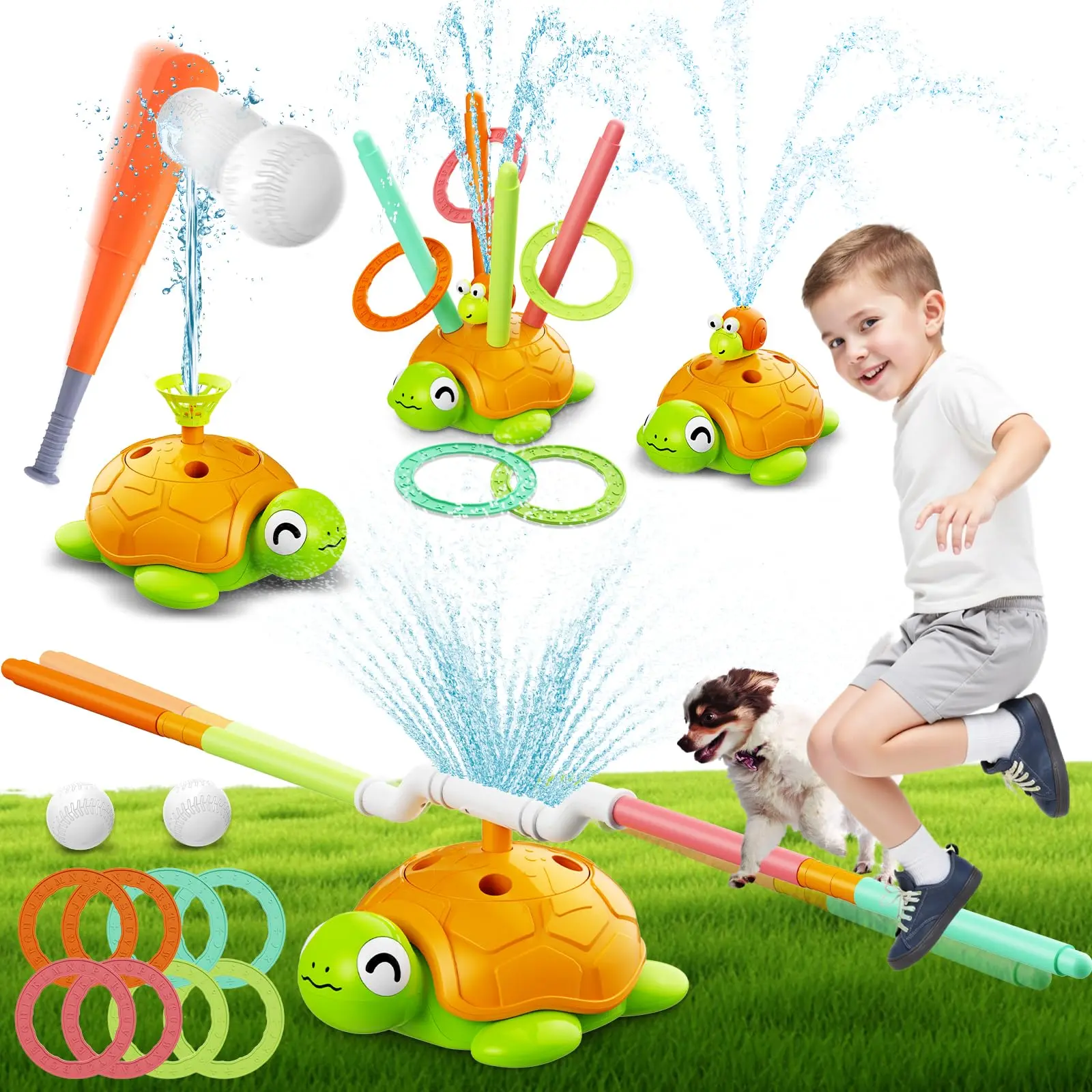Buy one, get one free (same item) 4 in 1 sprinkler toys,baseballs,ring toss and jumping games, 360° spinning toys, pool parties, water balloon toys, summer beach and lake fun, water toys for kids and adults, fun summer outdoor games for all ages!