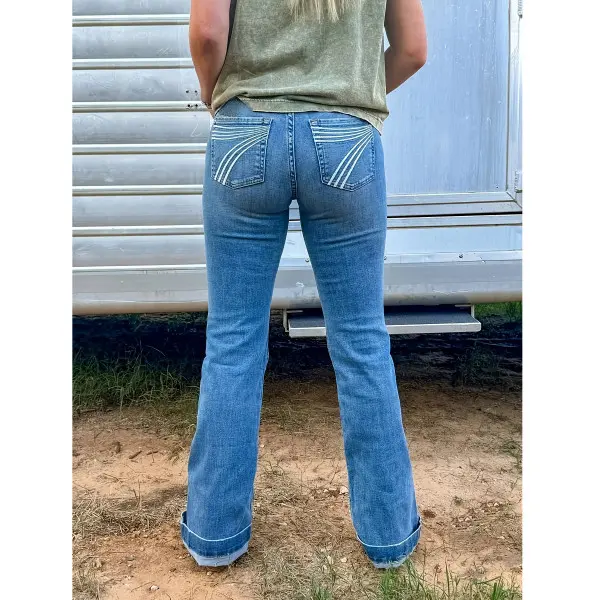 Vintage Embroidered Pants for Women, All-Season Medium Stretch Woven Cotton Blend with a Flared Leg, Bottom, Embroidery