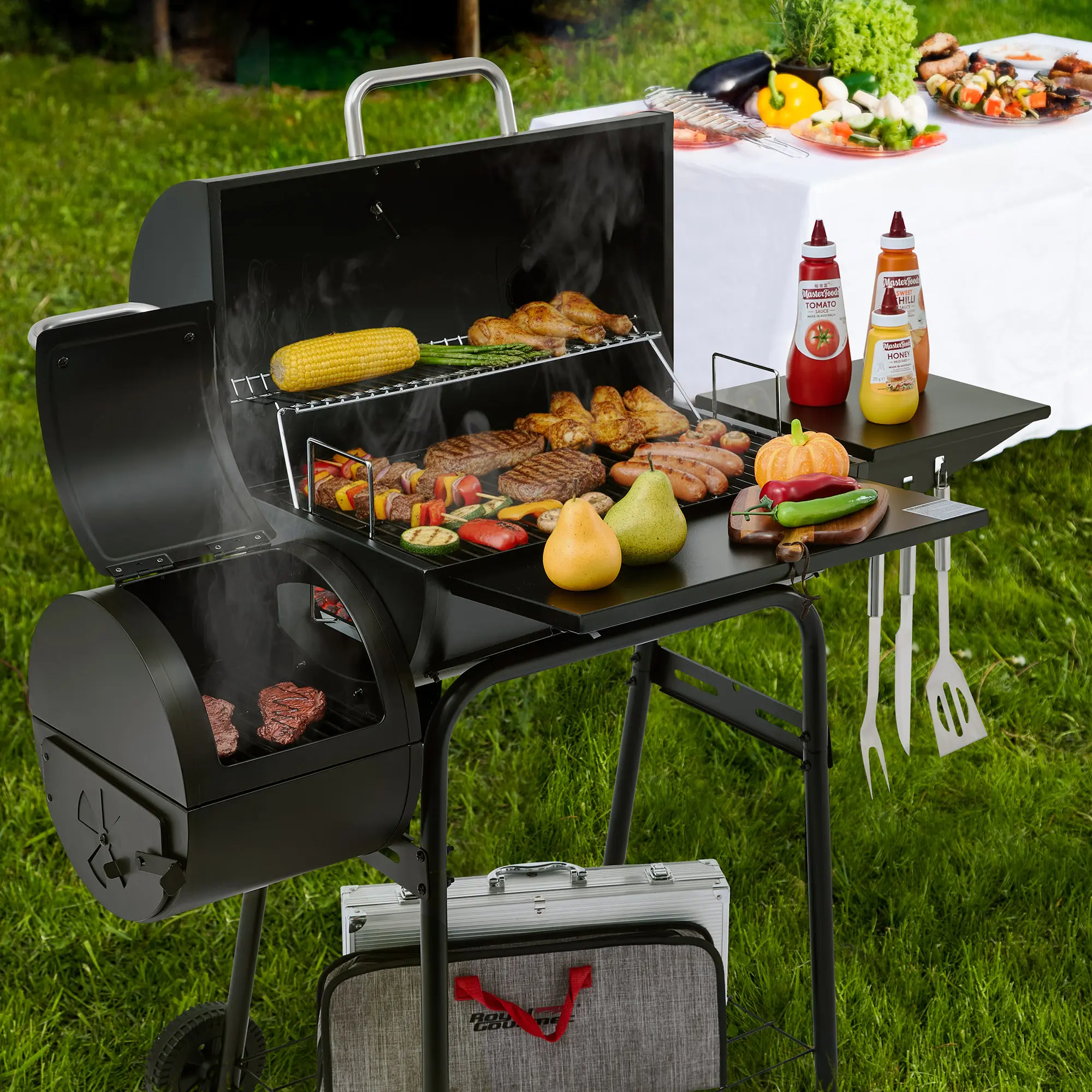 Royal Gourmet CC1624S Barrel Charcoal Grill with Offset Smoker, 552 Sq, Steel Front Shelf, Steel Side Shelf with Hooks, Mesh Bottom Shelf, Blow-Molded Wheels, Outdoor BBQ Grill,Portable Smoker Grill for Backyard Parties, Camping & Grilling, Black