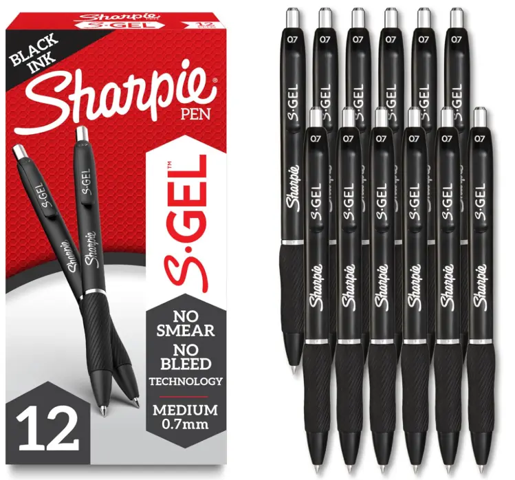 Sharpie S-Gel Gel Pens, Black Barrel, Medium Point (0.7mm), Black Gel Ink, 12 Count - Home, Office, School, Journaling, Writing, Note-Taking, Teacher Supplies