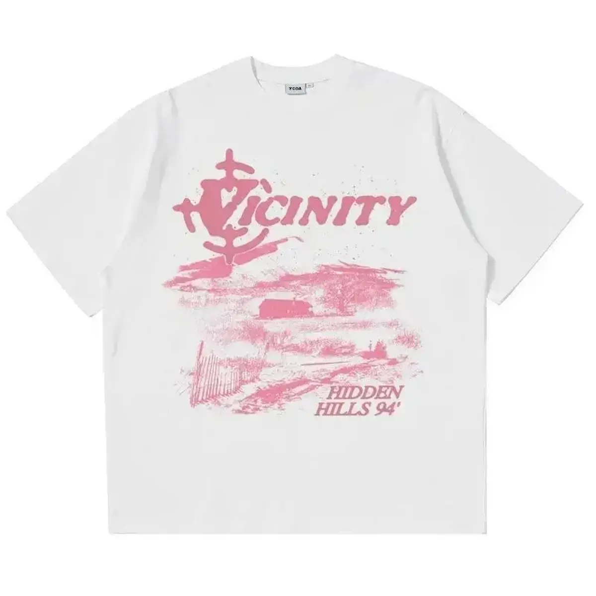 Y2K Aesthetic Pink Landscape Graphic T-Shirt, Retro Streetwear Unisex Oversized Tee