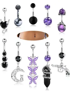 10Pcs Belly Button Rings Surgical Stainless Steel CZ Heart Dragon Butterfly Dangle Navel Rings for Women Barbell Piercing Jewelry Gems For Piercings