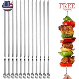 12PCS Kabob Skewers Flat Metal BBQ Barbecue Skewer 14" Long