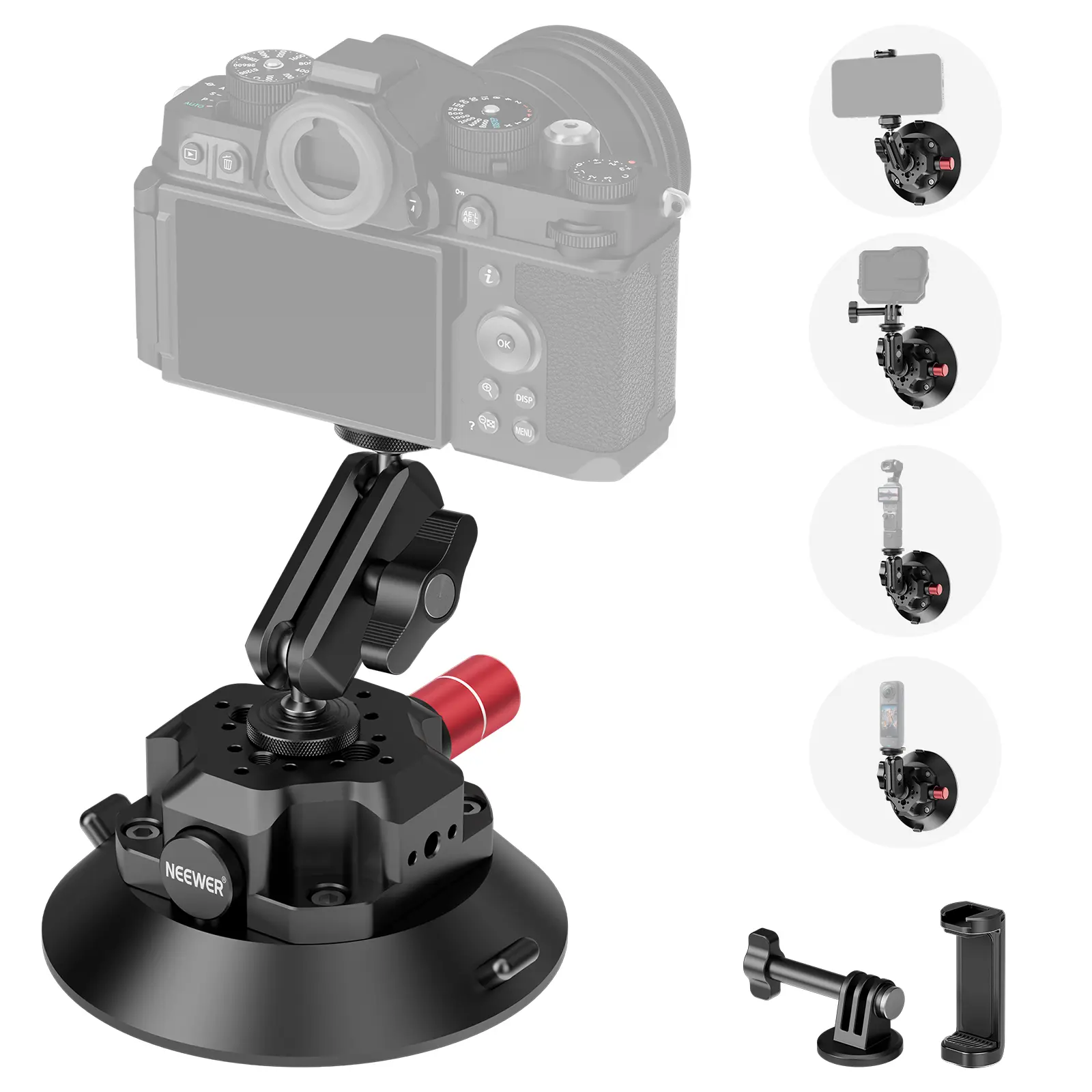 NEEWER CA104/CA105 Suction Cup Mount with Arm, 1/4" ARRI Holes, Quick Release Car Mount with Phone Holder & Action Cam Adapter Compatible with iPhone DJI Insta360, tiktokshopbacktoschool