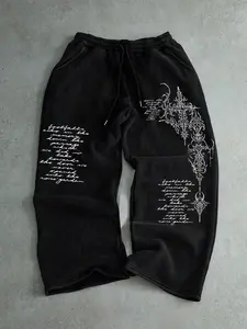 Men's Casual Sporty Long Pants, Bible & Thorn Cross Pattern Print, Drawstring Wide Leg, Loose-Fitting, All Seasons Wear, Letter Patched Sweatpants