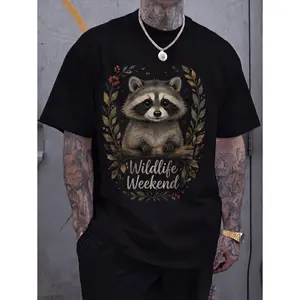 Unisex Raccoon Wildlife Weekend Graphic Tee Cute Woodland Raccoon Wreath Botanical Vintage Print, Soft Black Printed Tee Casual Wear Unisex Top Summer Shirt Streetwear Style Aesthetic Tee Trendy Design Soft Fabric Breathable Gift Idea