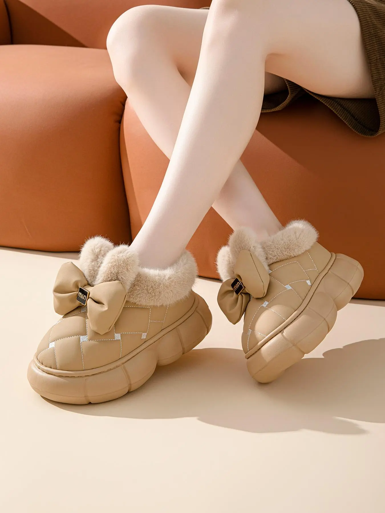 Women's Fashionable Bowknot Design Plush Slippers, Casual Comfortable Home Slippers, Warm Slippers for Indoor & Outdoor Use for Fall & Winter, Footwear, House Slippers, Fluffy House Slippers, Fuzzy House Shoes