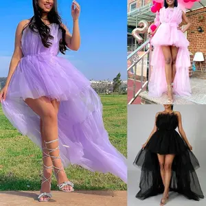 Women’s High-Low Tulle Dress, Strapless Solid Color Tiered Cocktail Party Dress, Prom Gown Fabric Formal