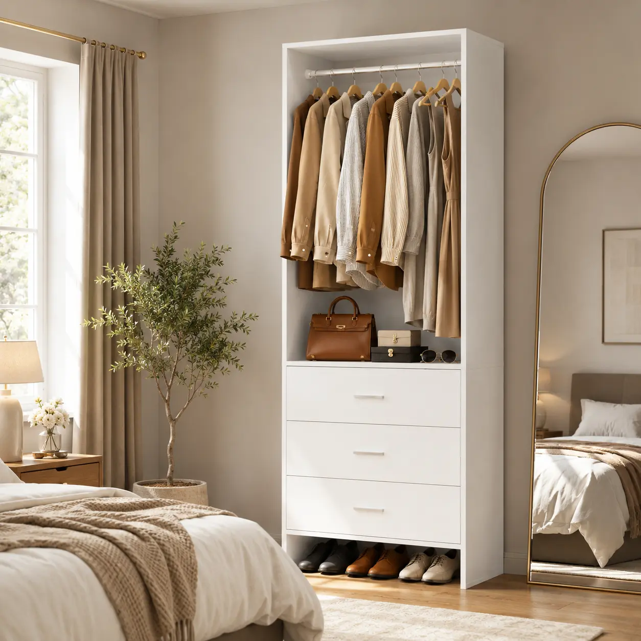 Cyclysio 24" Wooden Freestanding Armoire - Standing Closet Cabinet, Portable Expandable 3-Compartment Wardrobe with 3 Wood Drawers, Hanging Rod for Closet Organization, Bedroom Use