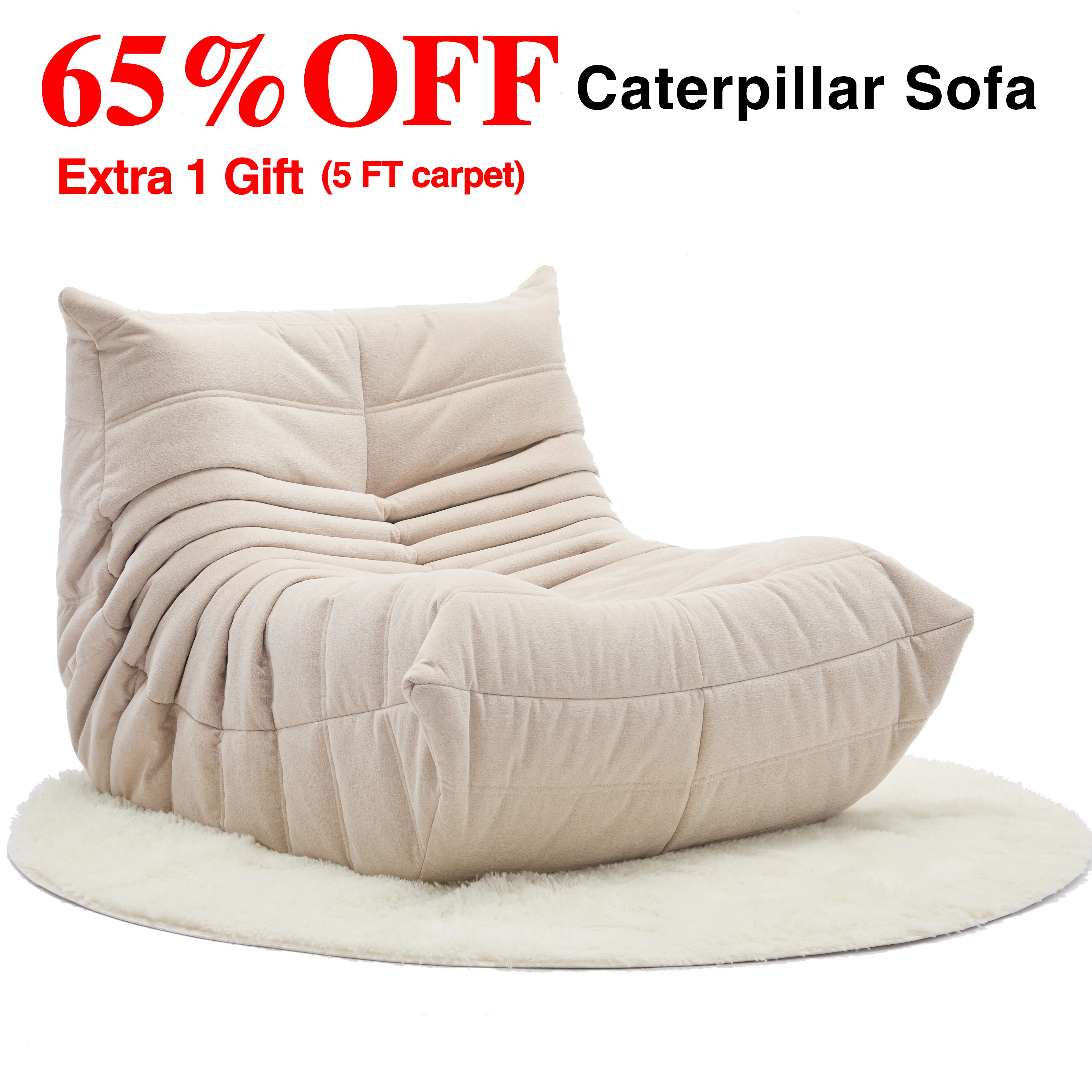 Togo Sofa Caterpillar Bean Bag Chair Chenille Fabric 1 Seater Memory Foam Lounger Upholstered Couch Free 5FT Carpet Modern Comfy Living Room Furniture