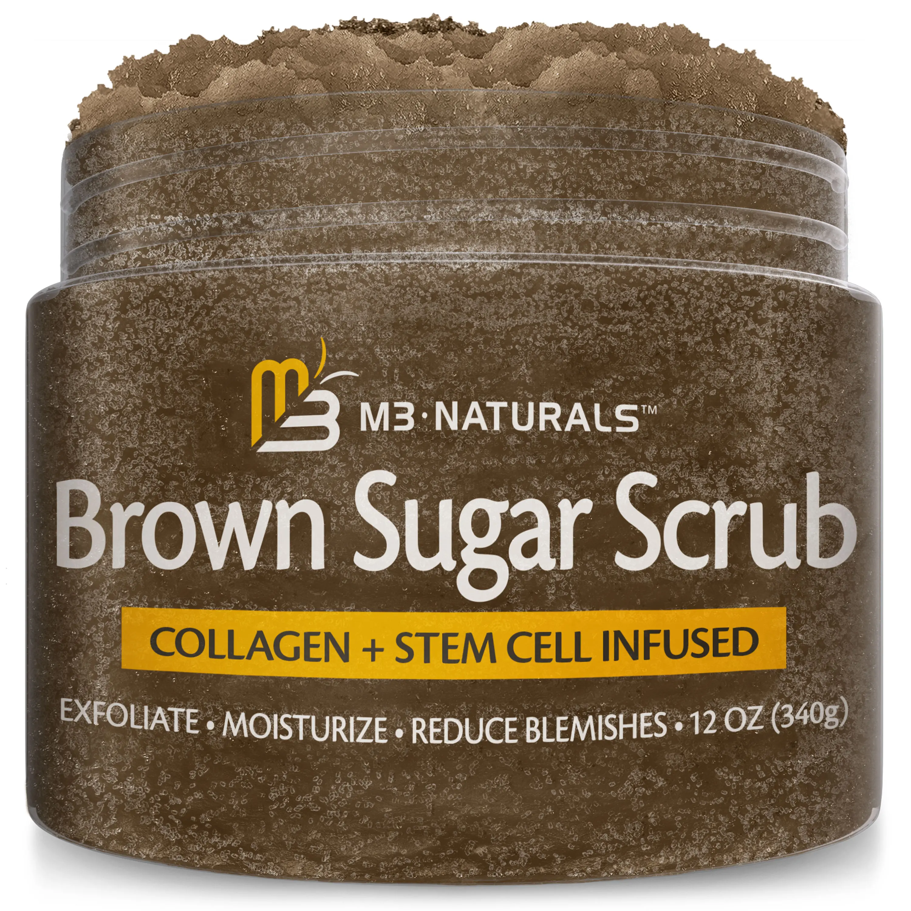 Brown Sugar Scrub Face Foot & Body Exfoliator Infused with Collagen and Stem Cell Exfoliating Salt Body Scrub for Toning Skin Cellulite Skin Care, 12oz by M3 Naturals