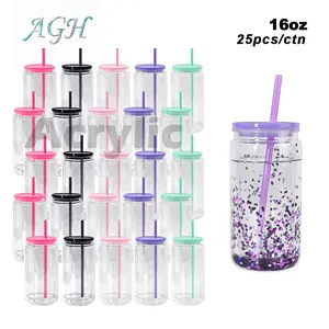 AGH 15/25pcs 16 oz Plastic Acrylic Cups with Lid Double Wall Tumblers Drinkware Can Pre Drilled Hole Plugs DIY Gift Wholesale Water Bottles Portable