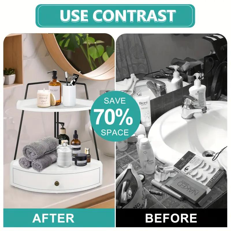 Elegant 2-Tier Black Wood Bathroom Counter Organizer with Drawer - Versatile Corner Storage Shelf for Cosmetics, bath Toiletries & Kitchen Spices - for Vanity Display, Bathroom Decor And Accessories Racks Wooden must-have multifunctional supply