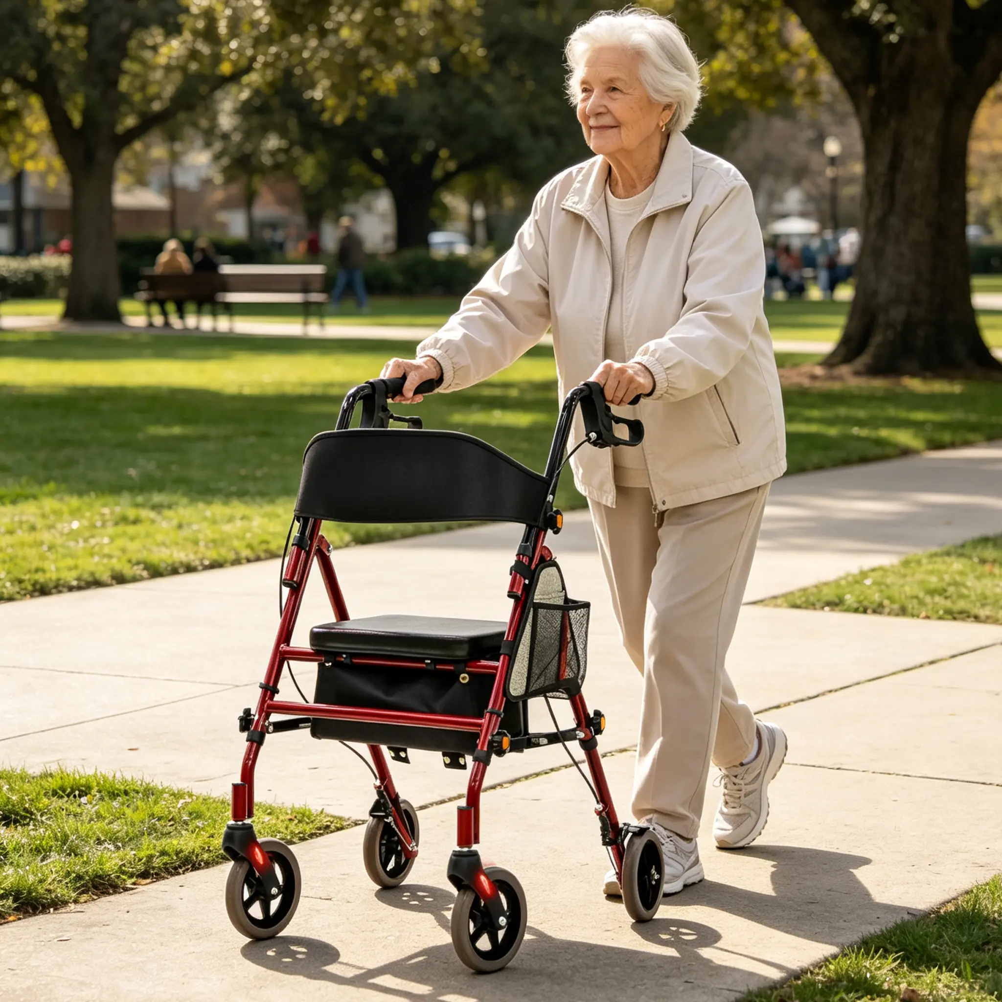 Foldable Red Rollator Walker with Seat - 350 lb Capacity, 5-Position Adjustable Height, Lightweight Hybrid Carbon Steel Mobility Aid with Rolling Function & Storage Pockets