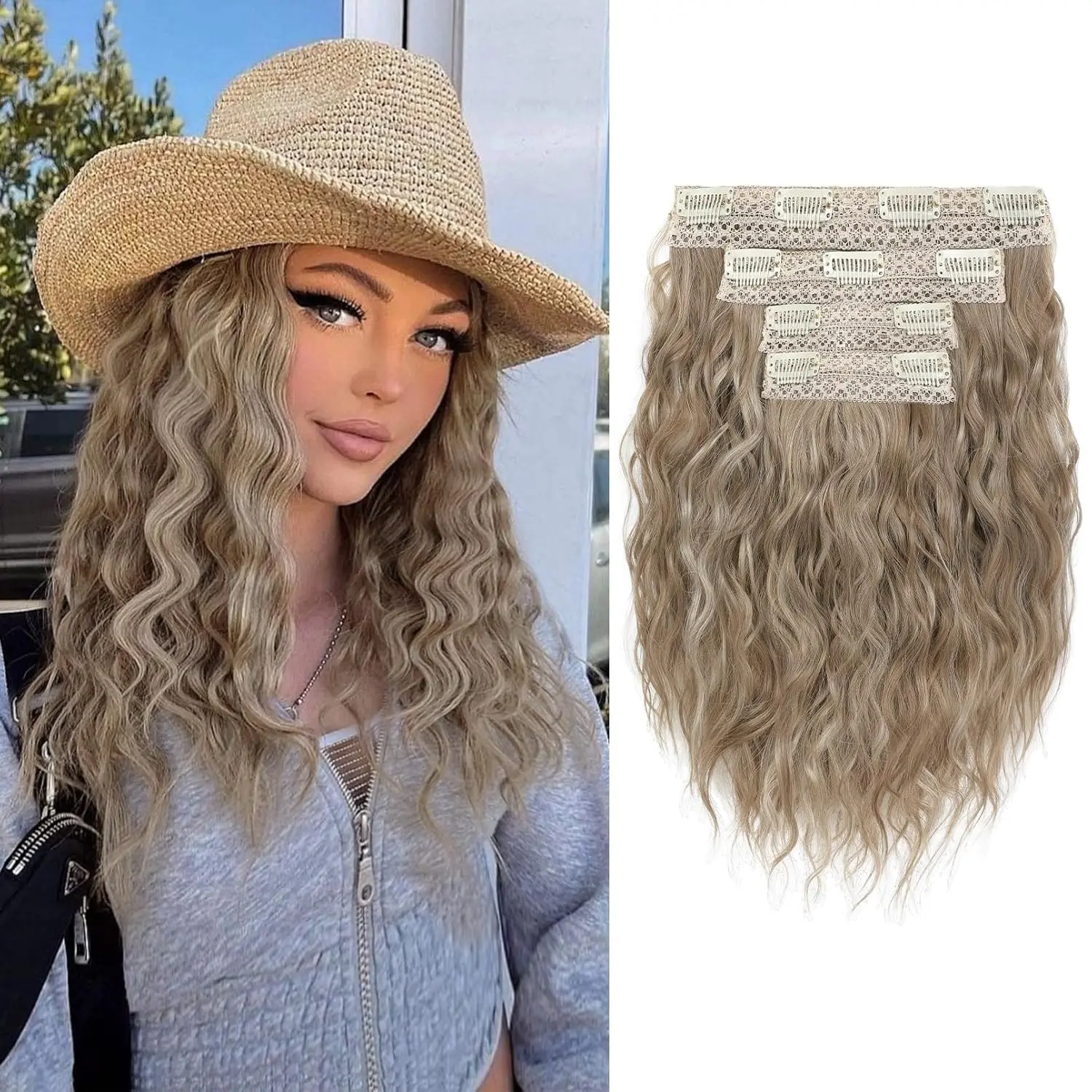 Clip in Hair Extensions, 4count Hair Extensions 12" Short Curly Wavy Blonde hair extensions Invisible Lace Weft Natural Soft Haircounts for Women – Light Ash Brown with Highlights