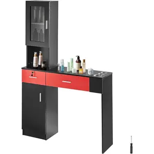TikTokShopBlackFridayVEVOR Salon Station, Wall Mount Barber Station for Hair Stylist, Beauty Spa Furniture Set, 1 Storage Cabinet, 3 Cubbies and 2 Drawers(One Lockable), Black and Red