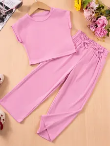 2pcs Girls' Summer Casual Two-Piece Set, Sleeveless Plain Top & Long Pants, Trendy Fashion Kids Clothing, Fitted Style, Casual Outfit Set