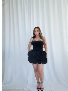 Asha Velvet Corset & Ruffle Skirt Set - Black Above the Knee Spandex Polyester Suits Women's Fashionable Basic Minimalist Sleeveless Ensemble for Summer - Clothes