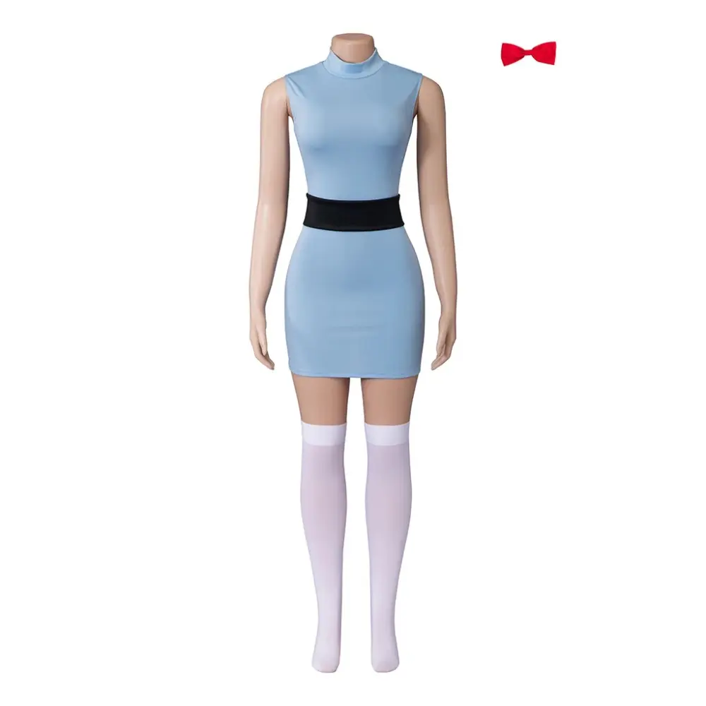 Women's Belted Comfortable Powerpuff Bubbles-Inspired Superhero A-Line Dress Set - Solid Blue Costume with Accessories for Comic Conventions, Girls, Style, Powerpuff Costume Girls, Superheroes, Buttercup