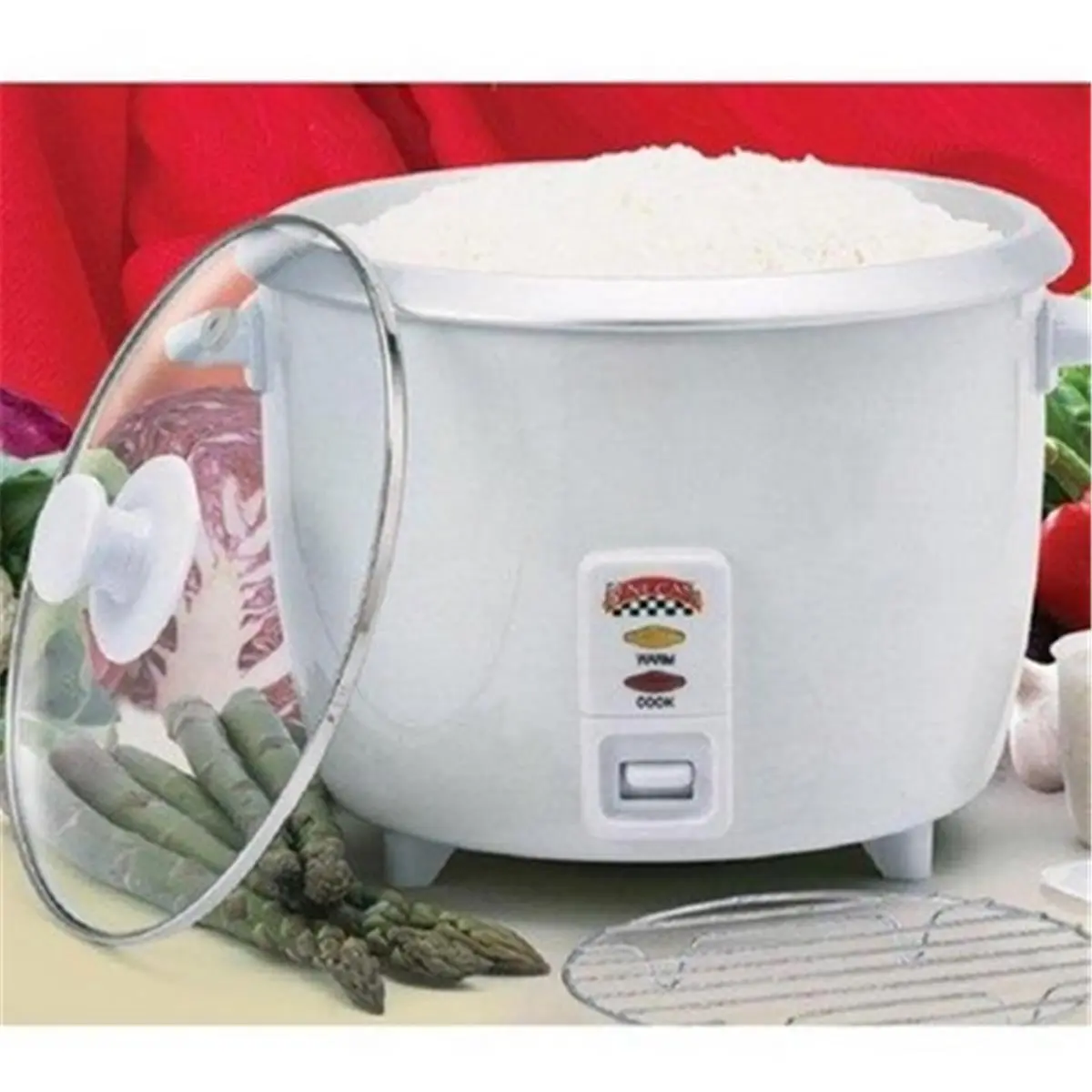 MBR Industries Multifunction Rice Cooker - 10-Cup Capacity, White Enamel, Single-Switch On, Steam + Rice Cooking, Detached Plug, Household Kitchen Appliance with Measuring Cup
