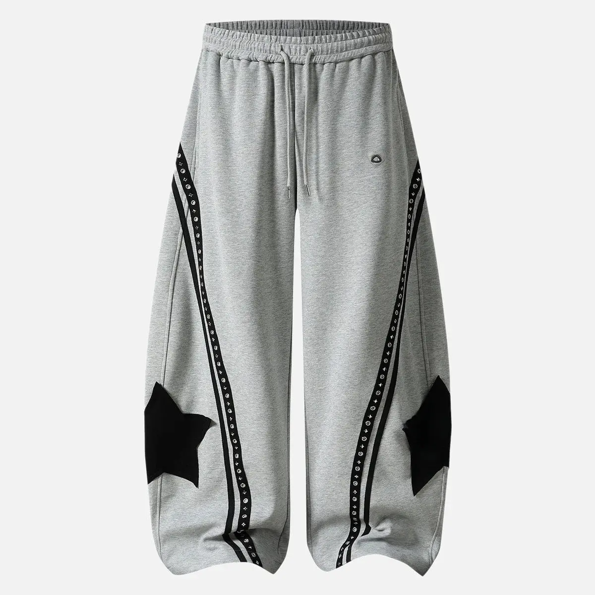 Aelfric Eden Men's High-Waist Panel Loose Drape Sweatpants, Oversized Wide-Leg Barrel Pants with Star Patch & Studded Stripe Detail, Unisex Casual Sporty Comfy Athleisure Style Sweats, Casual Sporty Pants, Athleisure Style Sweatpants, Baggy, Cotton, Loose
