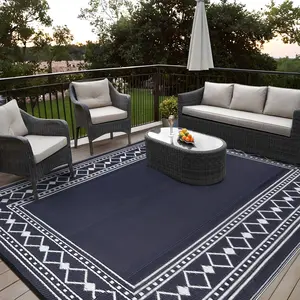 Outdoor Modern Geometric Bordered Large Picnic Mat Lightweight Plastic Straw Rug Waterproof Reversible Portable summer Area Rugs for Garden Backyard Camping Beach - Blue & White