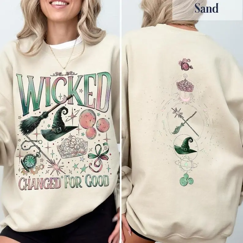 Wicked Movie 2Sided Sweatshirt Hoodie, Wizard of Oz Fan Gift, Witch Pink and Green Shirt, Pop Culture Graphic Wicked Musical Shirt, A New Musical