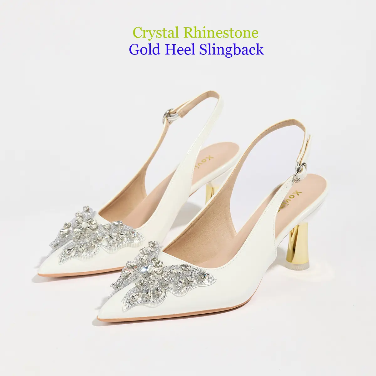 Xovipam Women's White PU Leather Solid Slingback Heels - Rhinestone Butterfly Pointed Toe Block Heel Strap Sandals for Office, Party - All Seasons Dress Shoes