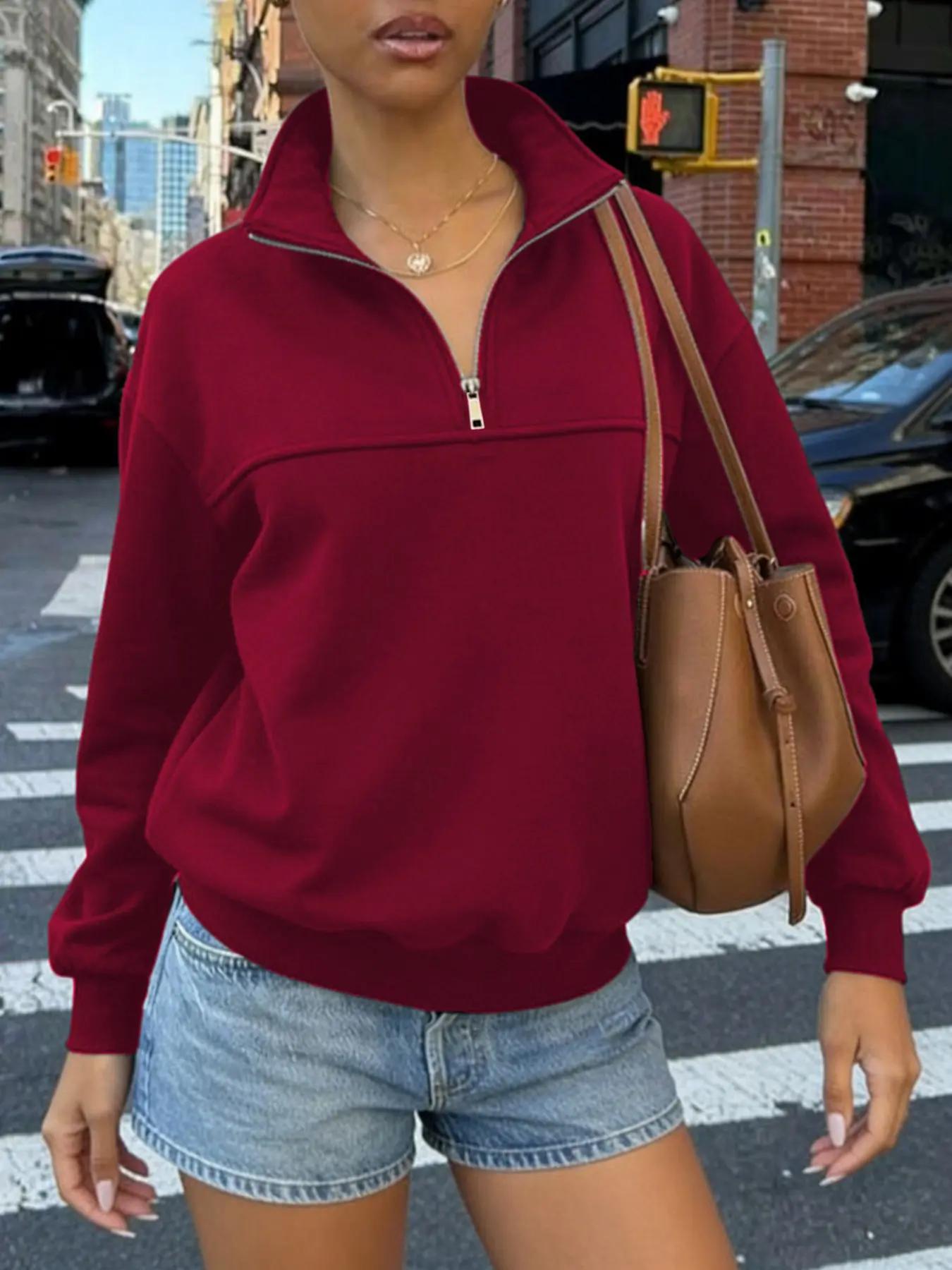 Vintage quarter-zip pullover. Women's high-neck turtleneck fleece-lined casual sweatshirt, #half-zip sweater #quarter-zip pullover #funnel neck top #loose sweater #minimalist fashion #streetwear #autumn and winter fashion #casual pullover