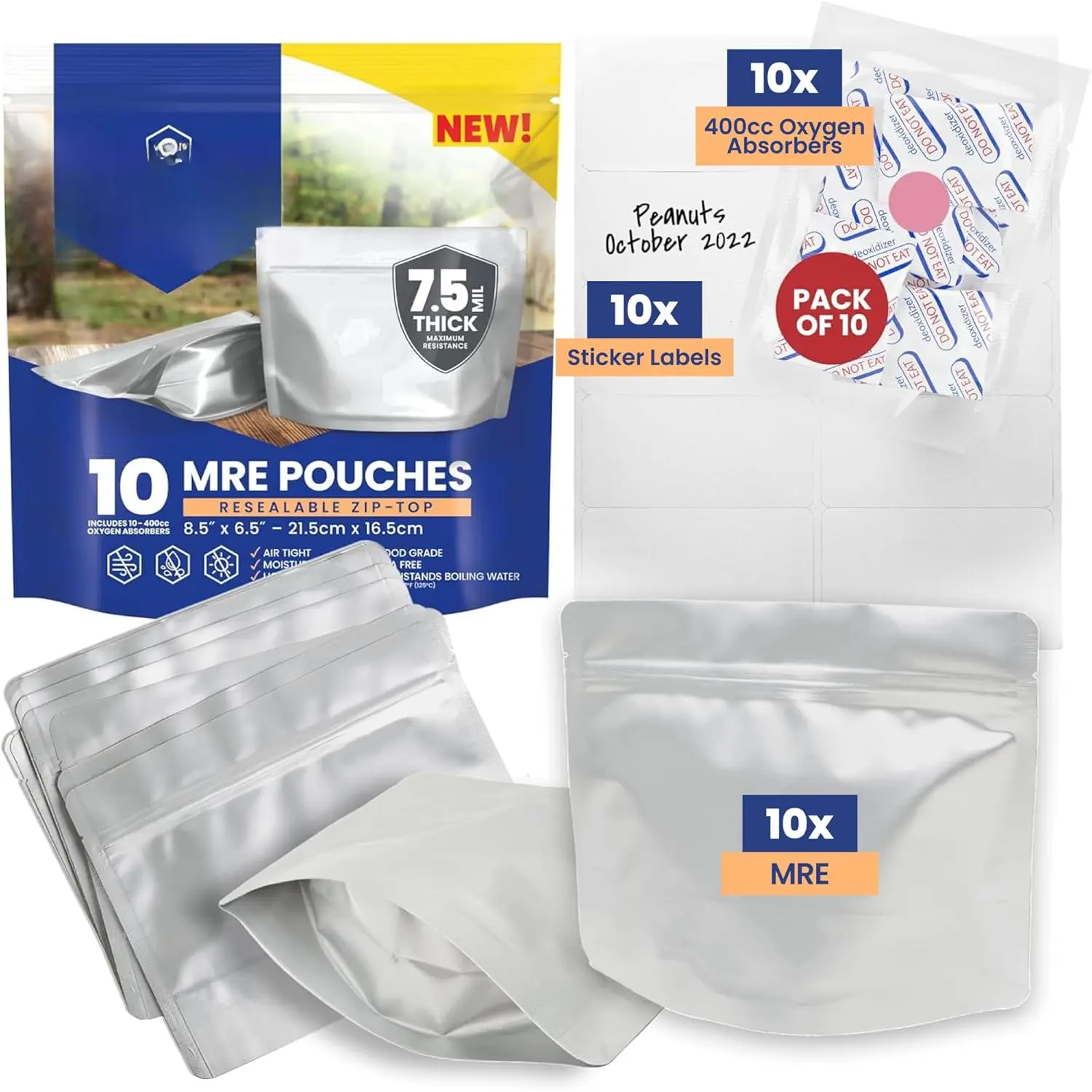10 Count MRE Mylar Bags with 400cc  Absorbers, 15 Mil Total Thicker Long-Term  Storage Pouches, 6.5x8.5 Stand-Up Zipper Heat-Sealable Airtight Packaging -