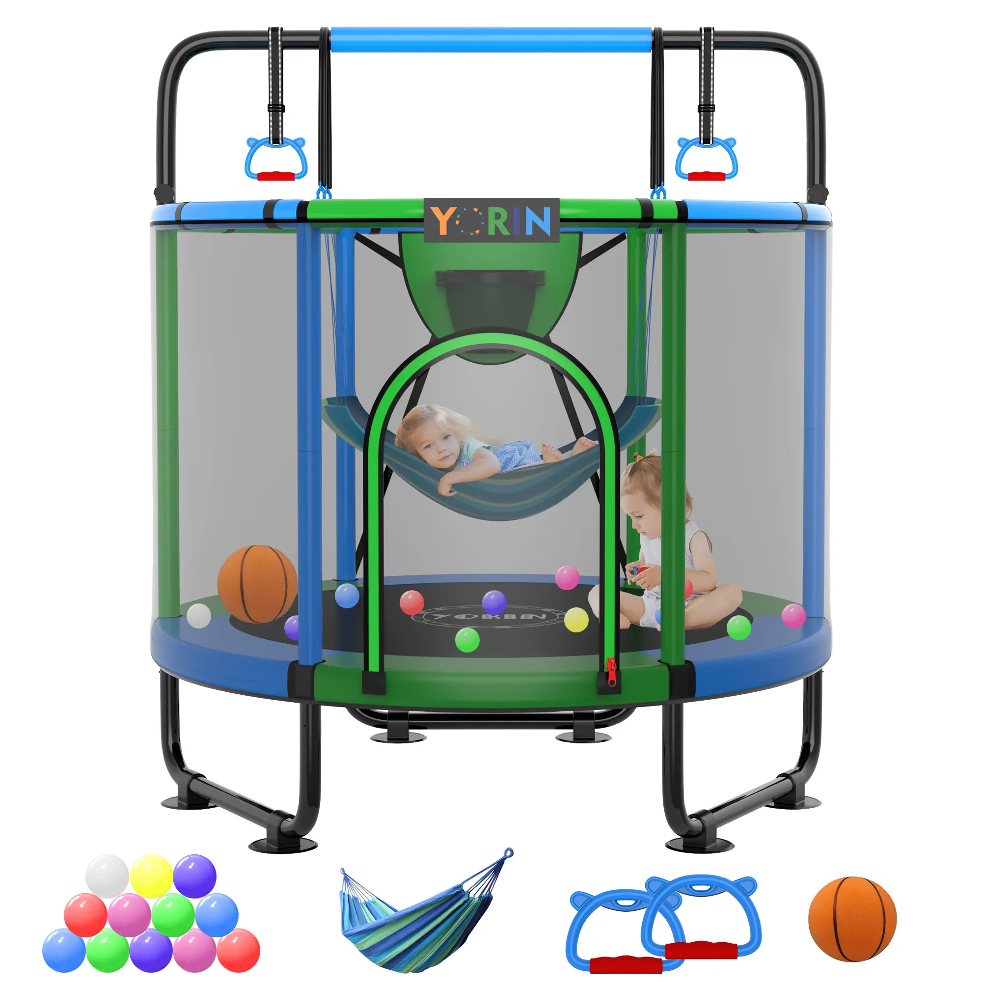YORIN Reinforced Thickened Rebounder Trampoline, 55"/60"/66" Mini Trampoline for Kids with Swing, Adjustable Gymnastics Bar & Gift Exercise Silicone Ball Set, for Indoor/Outdoor Backyard Use, Reinforced Thickened Trampoline