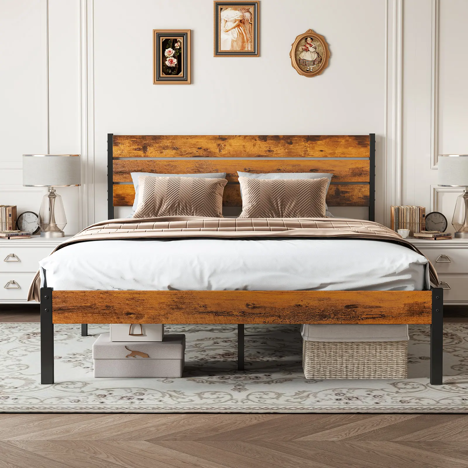 Sweetcrispy Metal Bed Frame with Wooden Plank Headboard, Queen Bed Frame with Headboard, Noise-Free, No Box Spring Needed, Bed Frames