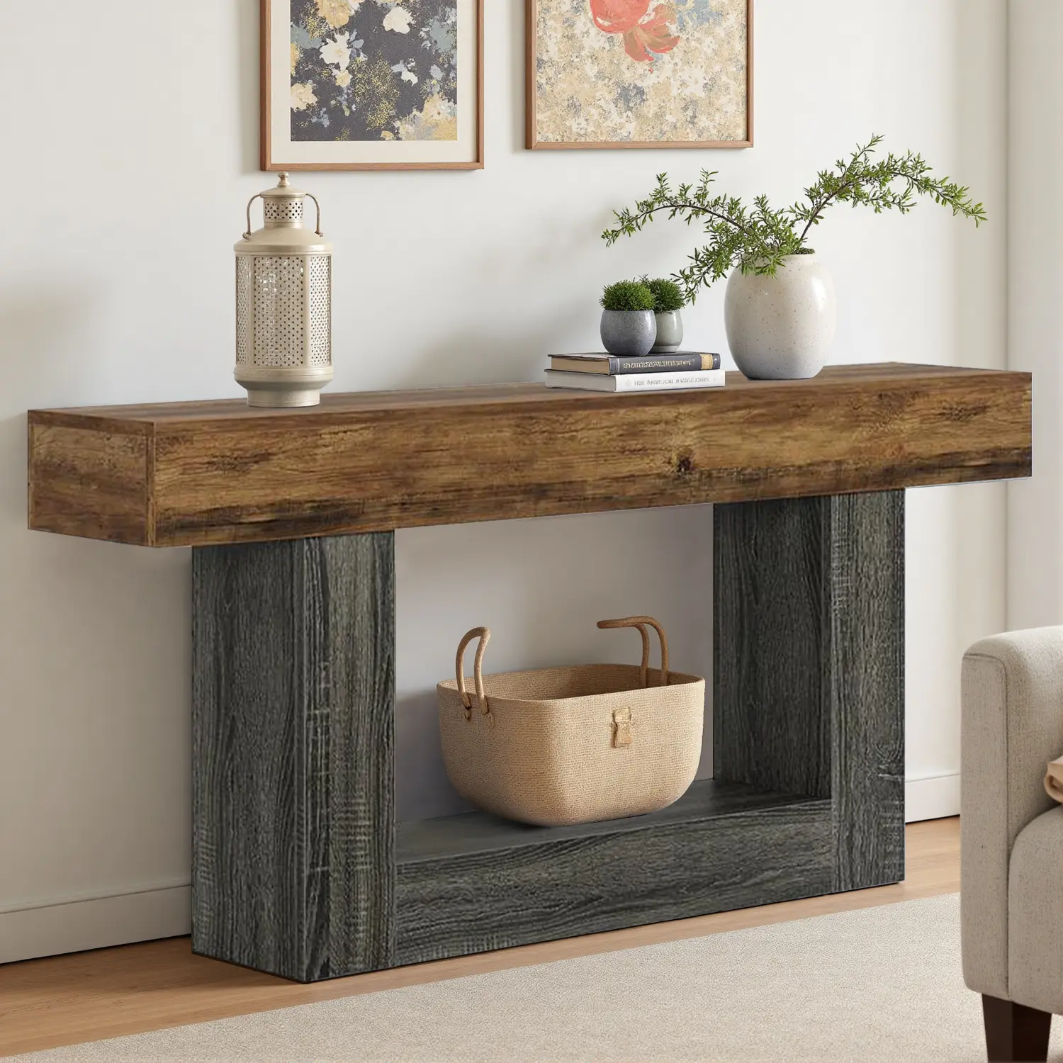 Spaco 63-Inch 2-Tier Farmhouse Rectangular Pedestal Table - Rustic Wood Piece with Tabletop Storage, Living Room Accent, Room & House Decor, Living Room Tables