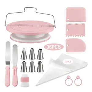 36 Pcs Cake Decorating Supplies Kit with Rotating Turntable Stand, 20 Piping Bags, 6 Icing Tips, 2 Spatulas, 3 Scrapers, Coupler & Ties - Baking Tools for Beginners & Pros, Cake Turntable Set for Frosting, Birthday Cakes