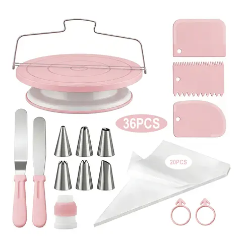 36-Piece Smooth Baking Set - Steel Cake Decorating Kit, Rotating Turntable Stand, 20 Buttercream Pastry Bags, 6 Icing Tips, 2 Spatulas, 3 Scrapers, Coupler, Ties - Bakeware Gift for Beginners, Ideal for Floral Cupcakes