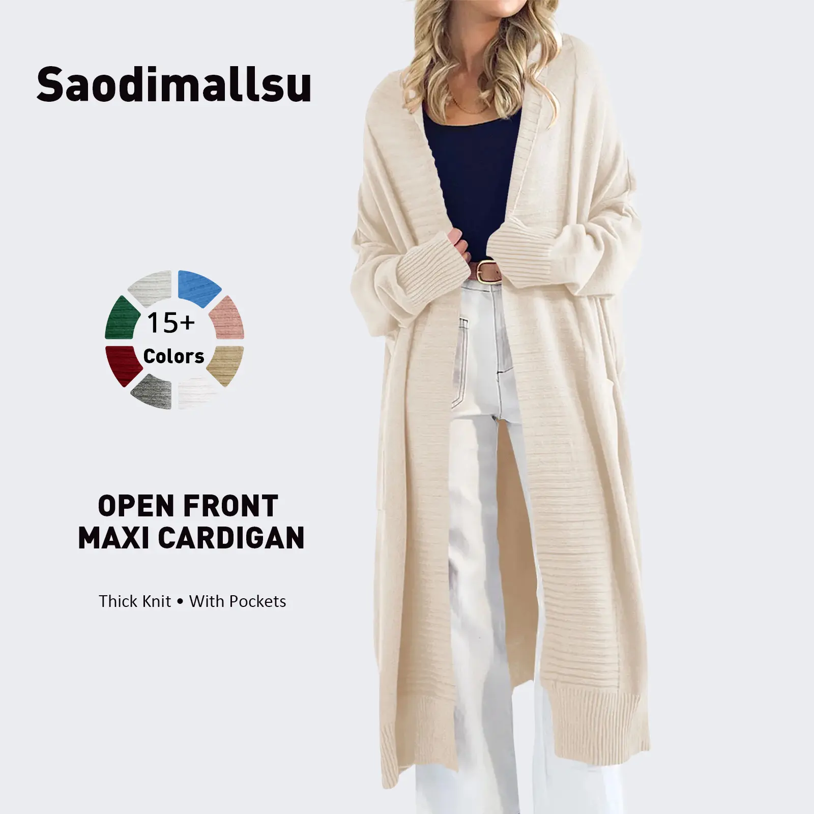 Saodimallsu Women's Minimalist Long Sleeve Knitwear Cardigan - Casual Oversized Slouchy Open-Front Chunky Warm Clothes with Pockets, Comfy Allseason Women's Cardigans for Fall Winter sohochic