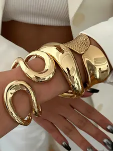 3-Piece Luxury Bracelet Set, Metal Texture Wide Band, Twisted & Hammered Design, Hypoallergenic, Fade-Resistant, European Style Jewelry, Adjustable Cuff Bracelet