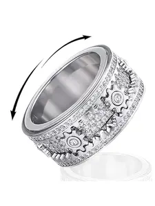 Anti-Anxiety Ring, Stress Relief Fidget Spinner Ring, Unisex Stainless Steel Rotating Gear, Diamond Accent, Meditation Aid, Stackable Rings