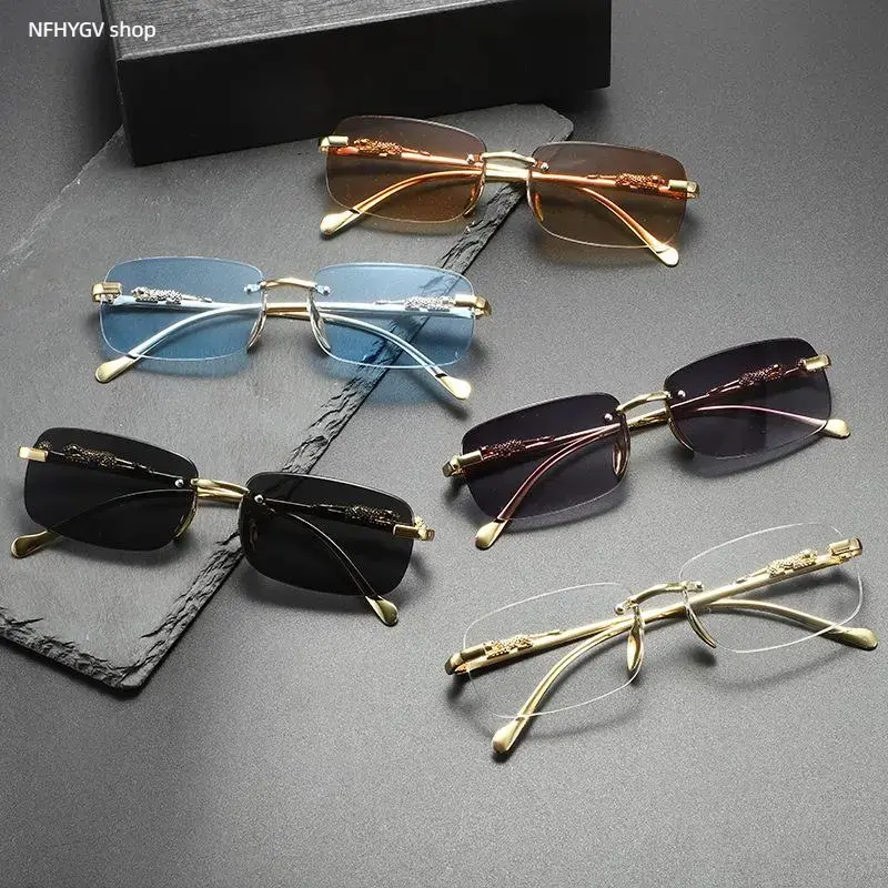 Fashion Accessory, 2025 Retro Borderless Sunglasses, Metal Temple Structure, Rectangle Square Frameless Design, Classic Chic Eyewear for Men and Women Everyday Use