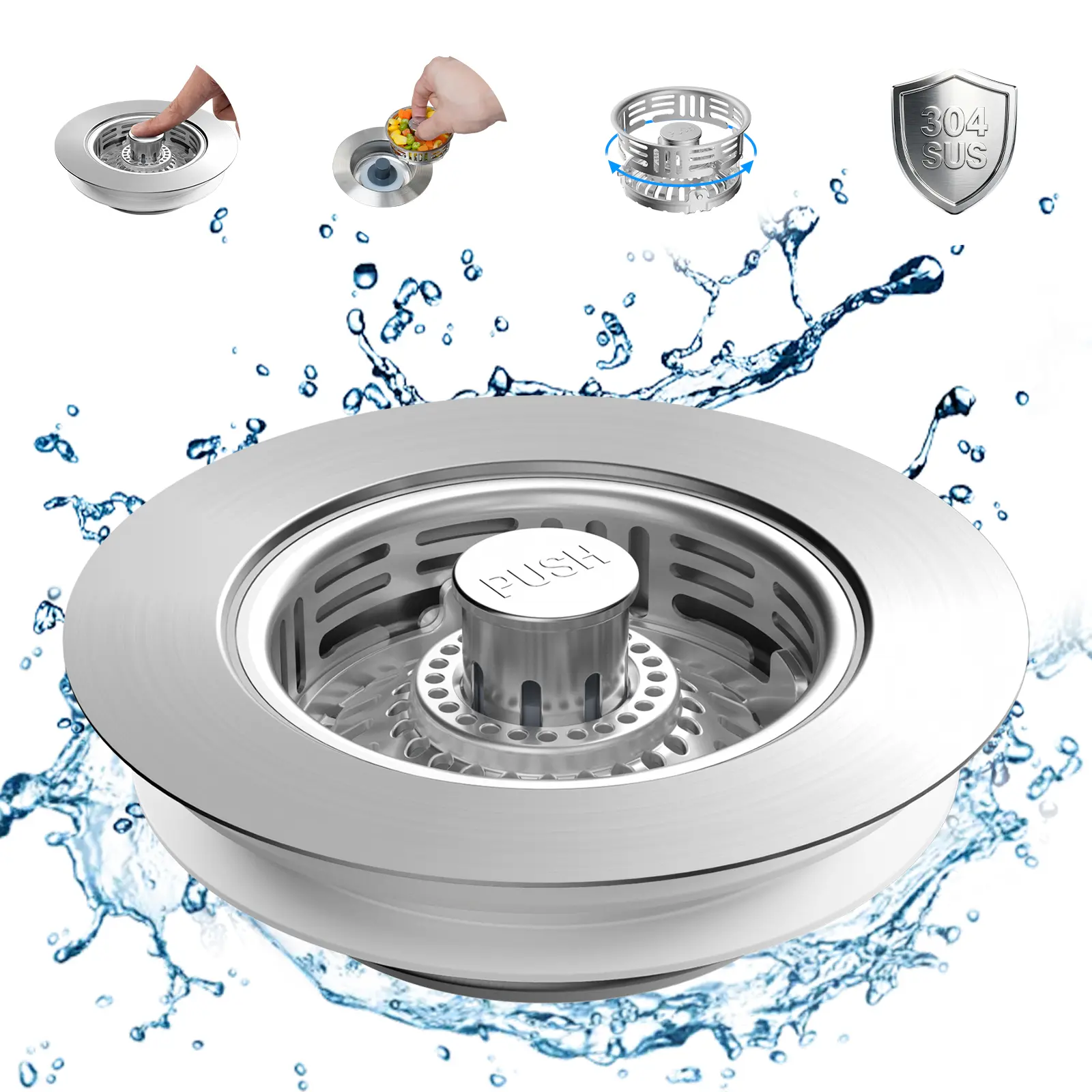 3-in-1 Stainless Steel Kitchen Sink Strainer-Stopper Combo, US Std 3-1/2 in Drain Fitment, All-Metal Shell with 1 Strainer, Spring-Loaded Handle Rod, Anti-Scratch Clog Prevention Accessory, Durable Father's Day Gift, Black-All Metal Shell With 1 Metal Str