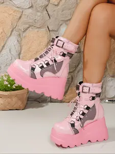 Cool Thick Sole Women Boots, Metal Buckle + Rivet Details, Streetwear Essential, Casual Above Ankle Sneakers, All Seasons PU Leather, Walking Shoes