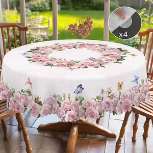 1 Tablecloth + 4 Self-Adhesive Pieces, Spring Floral Tablecloth Featuring Pink Roses And Butterfly Designs, in a Rustic Style, Suitable for Spring And Summer, Valentine'S Day, Mother'S Day, Wedding Season