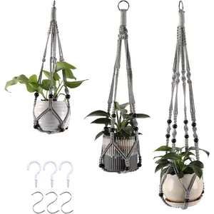 3-Pack Macrame  Hanger Indoor -  Planter Basket for Indoor Outdoor - Decorative Boho  Holders Set with Beads - Ceiling Flower Pot Holder with 6 Hooks - 35"/30"/24" Gray