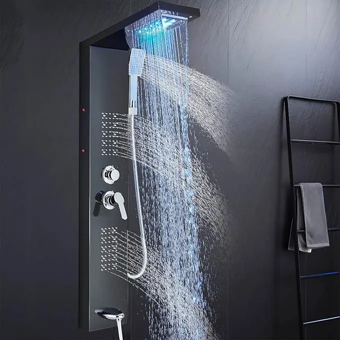 Stainless Steel Shower Panel System with Multiple Functions, Wall Mounted Style, Luxury Bathroom High Pressure Shower Faucet Set, 5 shower Modes, Rainfall, Waterfall, Hand Shower, Massage Jet, Tub Spout for Homes or Hotels